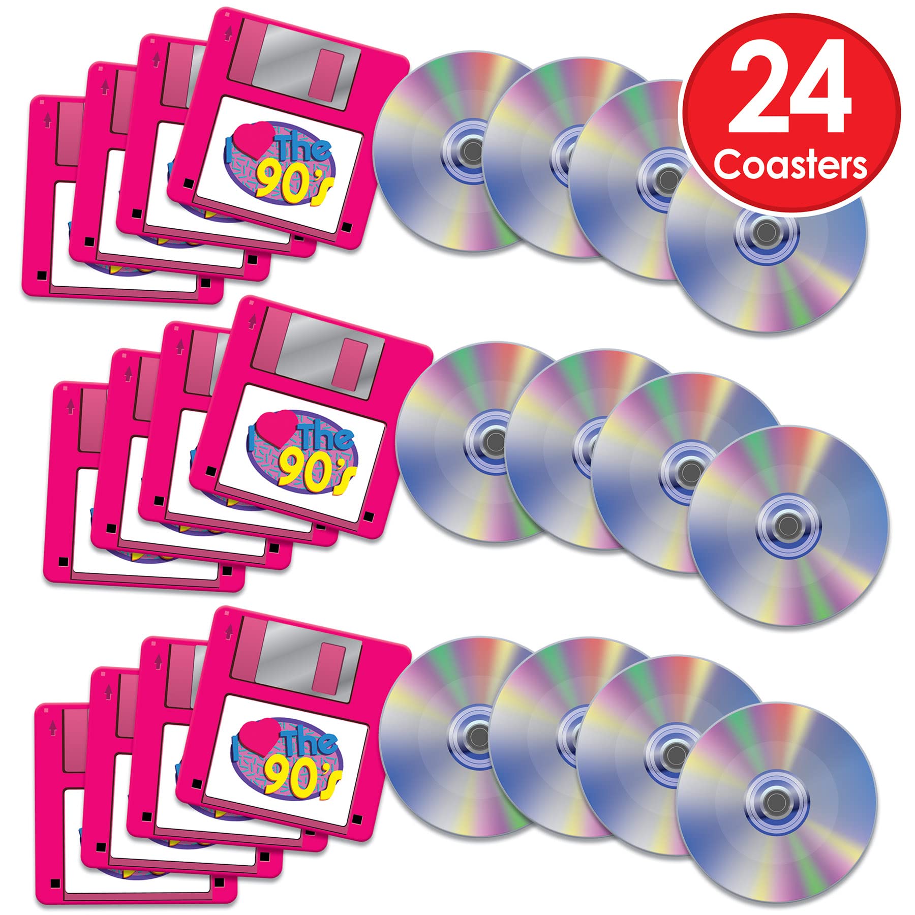 Beistle 24 Piece 1990'S Retro Theme Cd And Floppy Disk Novelty Drink Coasters For Back To The 90'S Party Decorations Supplies